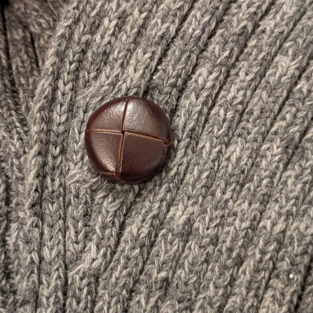LL Bean Mens XL Shawl Collar Sweater Gray Cotton Elbow Patch Cabincore Heritage